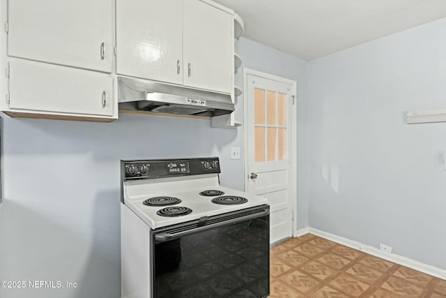 kitchen with range hood, white cabinets, and electric range