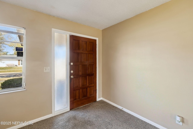 entryway with carpet and a textured ceiling