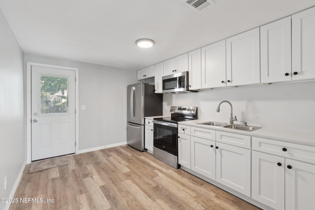 kitchen featuring a sink, visible vents, white cabinetry, light countertops, and appliances with stainless steel finishes