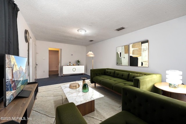 living room featuring a textured ceiling