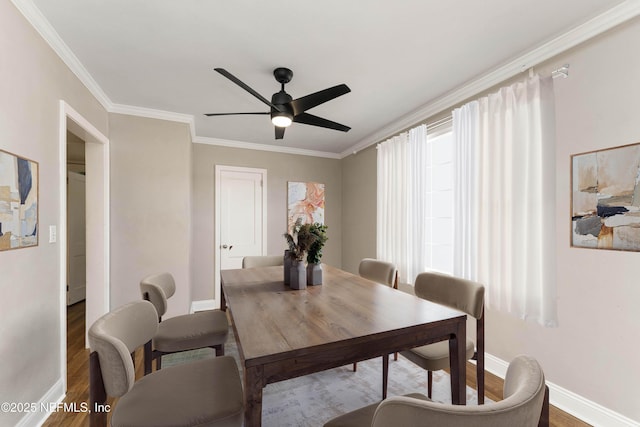 dining space with ornamental molding, ceiling fan, and wood-type flooring