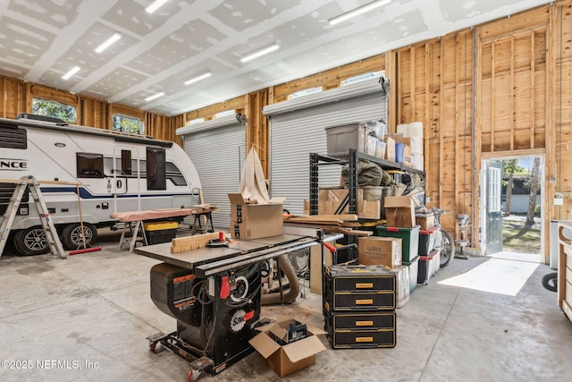 garage with a workshop area