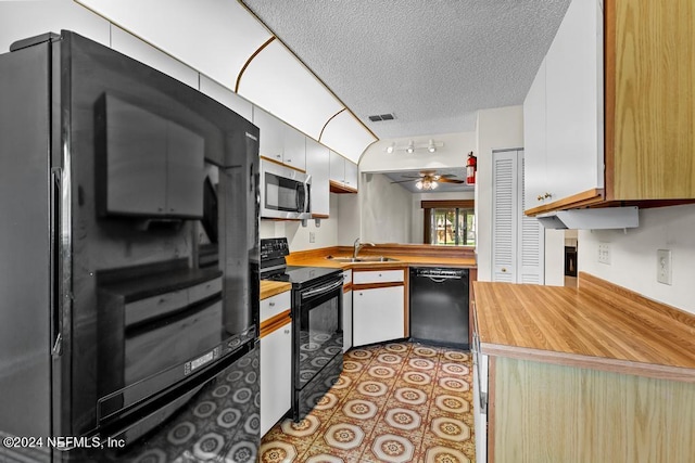 kitchen with white cabinetry, sink, ceiling fan, a textured ceiling, and black appliances