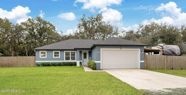 ranch-style home with a front yard and a garage