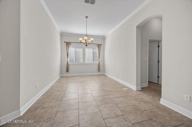 unfurnished dining area with a chandelier, a textured ceiling, ornamental molding, and light tile patterned flooring