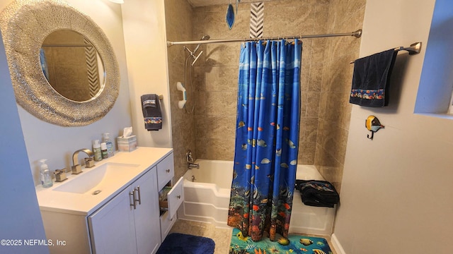 bathroom featuring vanity and shower / bath combo with shower curtain