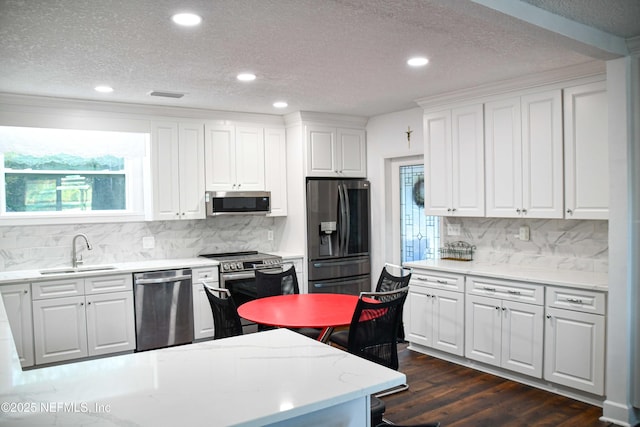 kitchen with appliances with stainless steel finishes, backsplash, white cabinetry, and sink