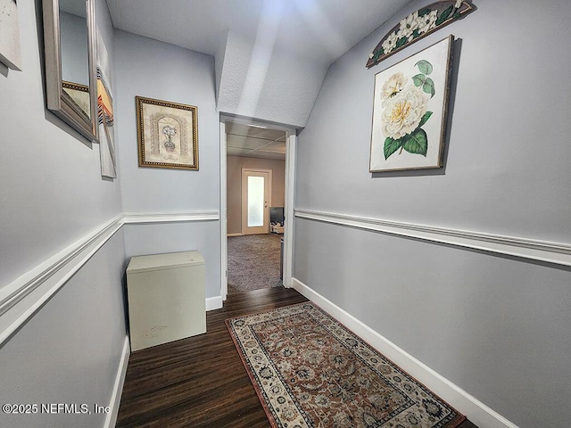 hallway with a drop ceiling, baseboards, and wood finished floors