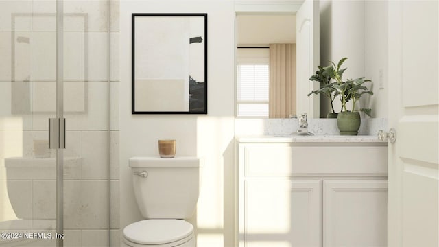 bathroom with vanity, toilet, and a shower with shower door