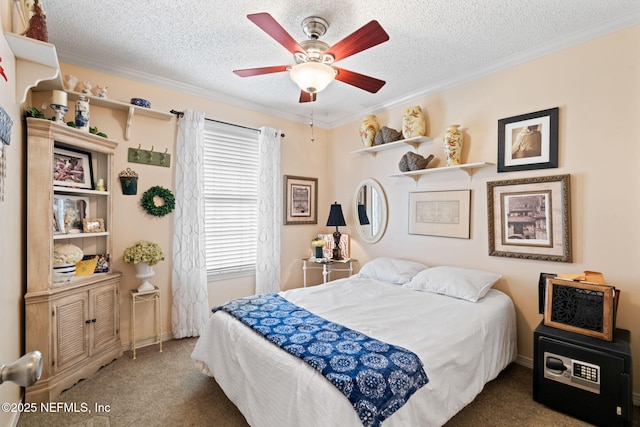 carpeted bedroom featuring multiple windows, ceiling fan, crown molding, and a textured ceiling