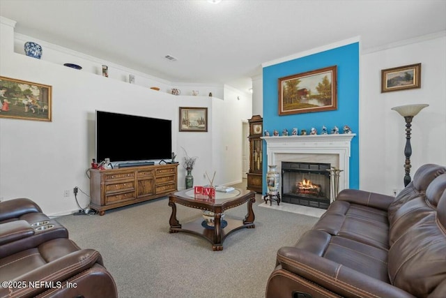 living room featuring carpet floors and crown molding