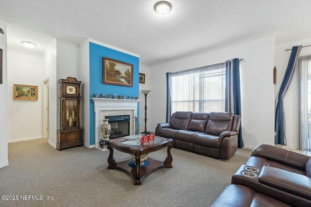 carpeted living room featuring ornamental molding