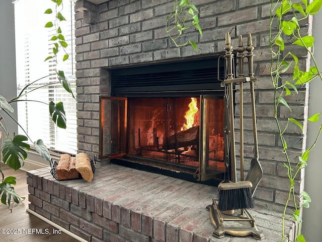 interior details featuring a fireplace