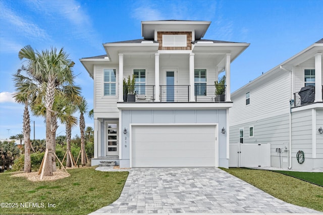 view of front of home featuring a front yard, a balcony, and a garage