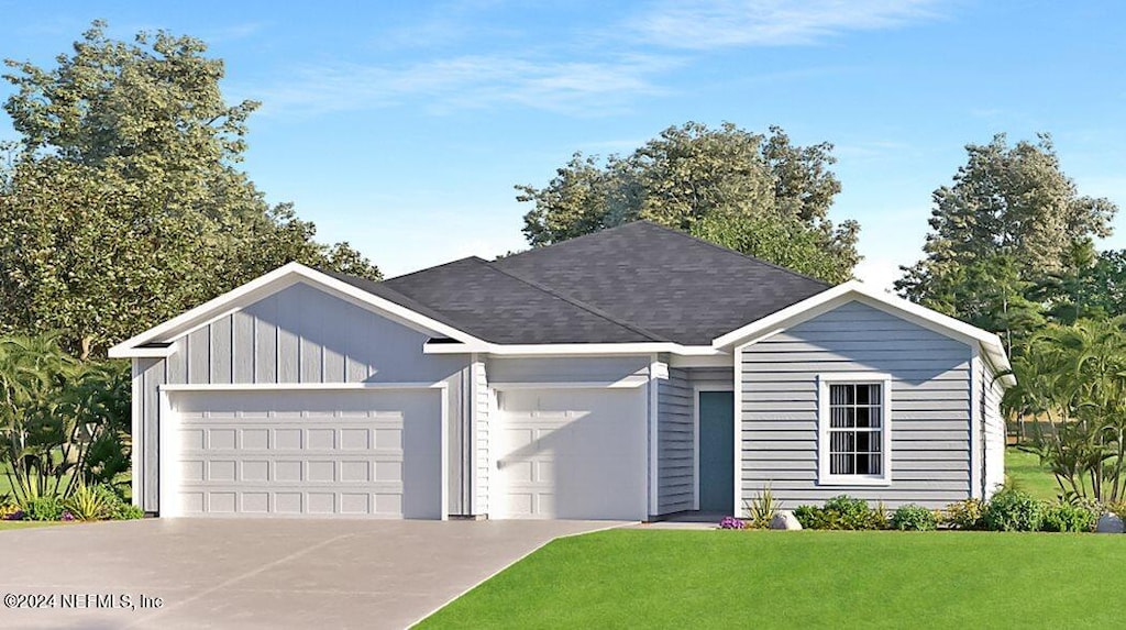 ranch-style house with a front yard and a garage