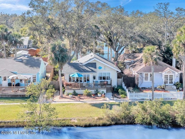 bird's eye view with a water view