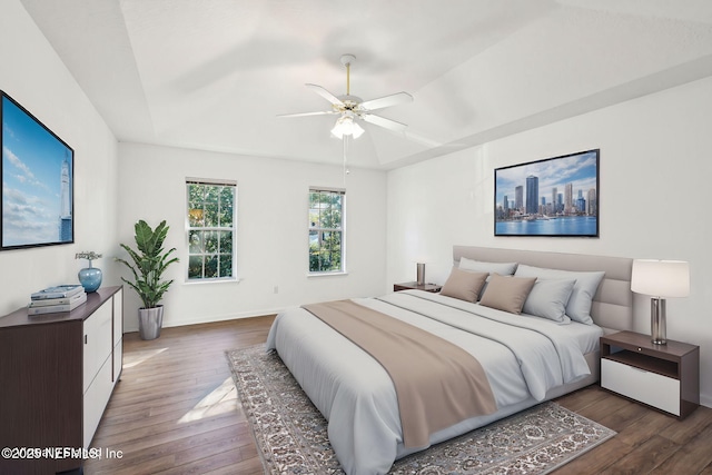 bedroom with a tray ceiling, ceiling fan, and dark hardwood / wood-style floors