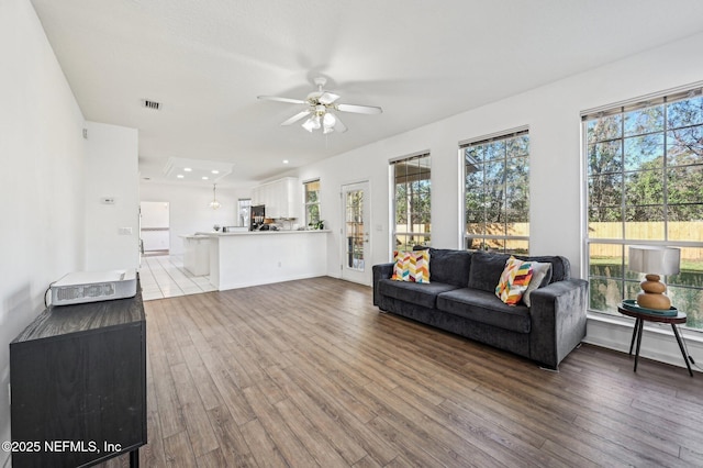 living room with plenty of natural light and hardwood / wood-style flooring