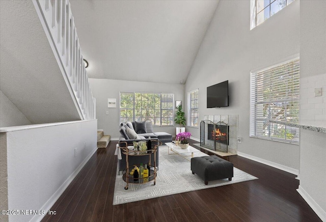 living room featuring high vaulted ceiling and dark wood-type flooring