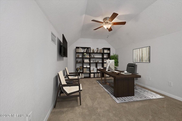 office area with a textured ceiling, carpet floors, ceiling fan, and lofted ceiling