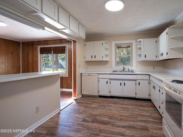 kitchen featuring white appliances, sink, dark hardwood / wood-style floors, white cabinetry, and wood walls