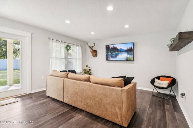 living room featuring dark hardwood / wood-style floors and a wealth of natural light