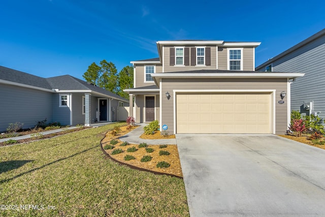 front facade with a garage and a front lawn