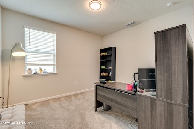 carpeted office space with a textured ceiling