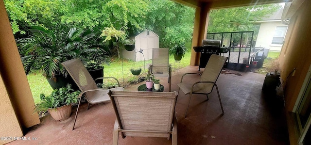 view of patio featuring grilling area and a storage unit