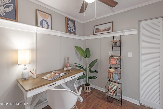 office space with ceiling fan and dark hardwood / wood-style flooring