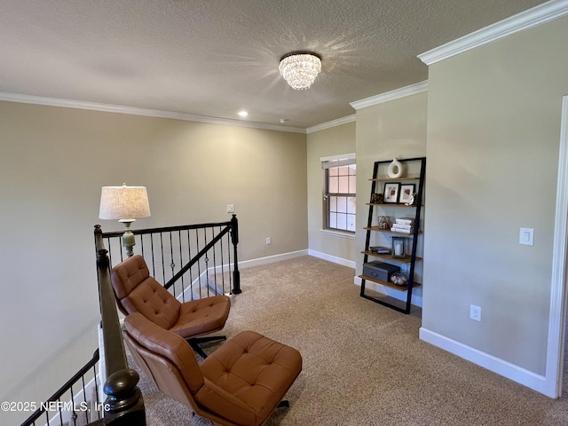 sitting room featuring carpet, a textured ceiling, an inviting chandelier, and crown molding