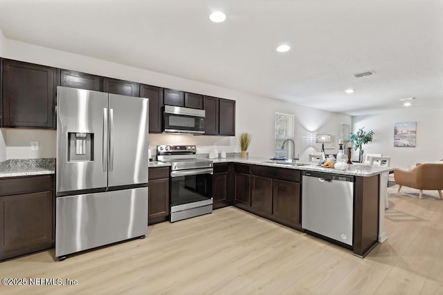 kitchen with dark brown cabinetry, sink, stainless steel appliances, light hardwood / wood-style flooring, and kitchen peninsula