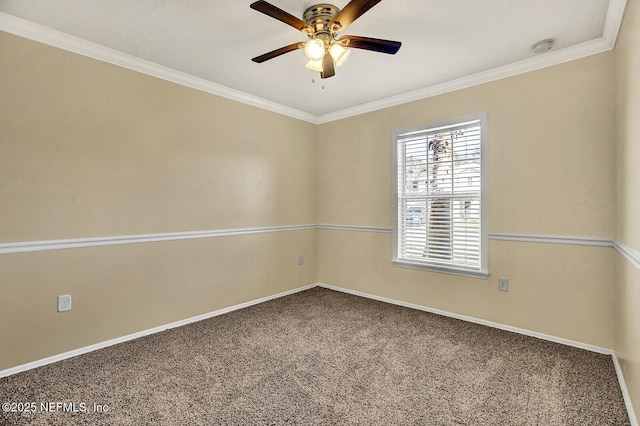 unfurnished room featuring ceiling fan, crown molding, and carpet floors