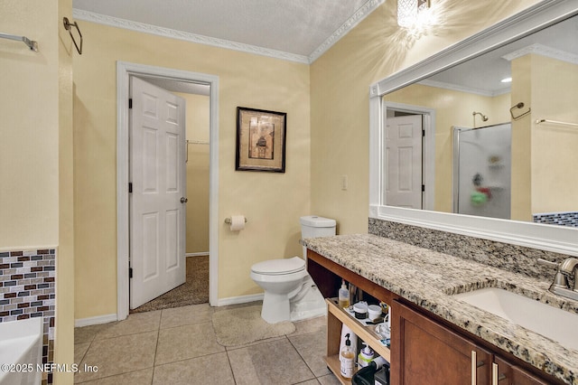 full bathroom featuring vanity, tile patterned flooring, toilet, ornamental molding, and independent shower and bath