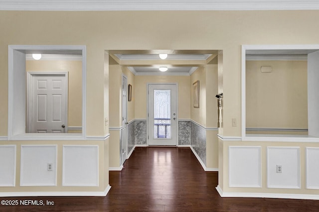 entryway with crown molding and dark wood-type flooring