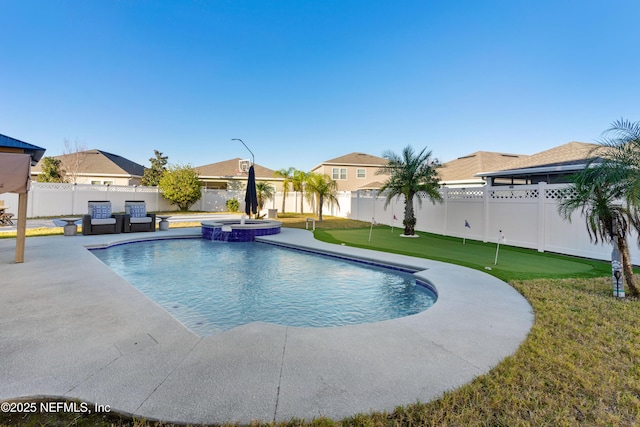 view of pool featuring an in ground hot tub and a patio area