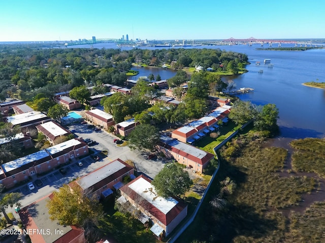 drone / aerial view featuring a water view