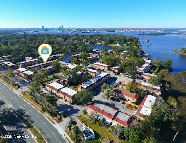 bird's eye view with a water view