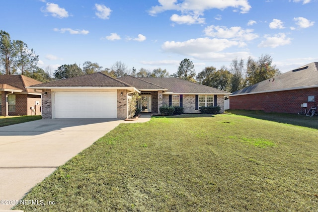 single story home with a front yard and a garage