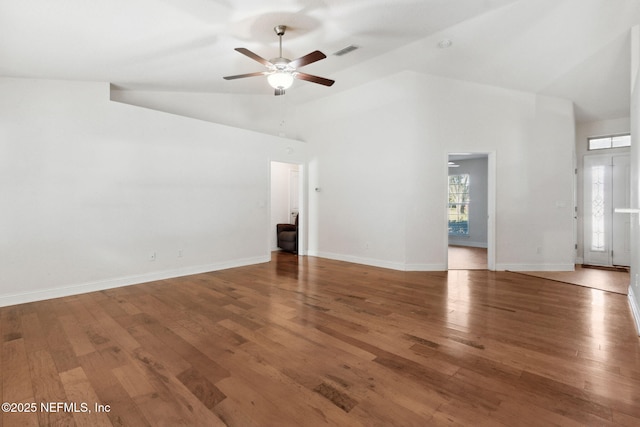 unfurnished living room with hardwood / wood-style flooring, high vaulted ceiling, and ceiling fan