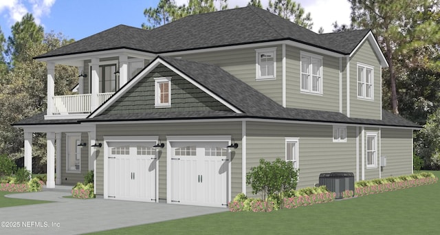 view of front of home featuring a balcony, a front yard, and central AC