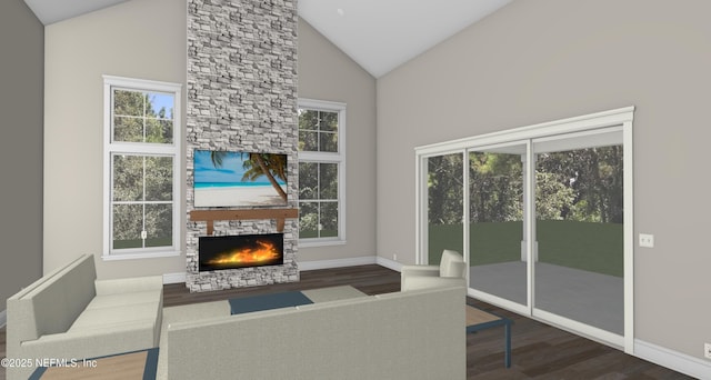 living room featuring high vaulted ceiling, a stone fireplace, dark wood-type flooring, and a wealth of natural light