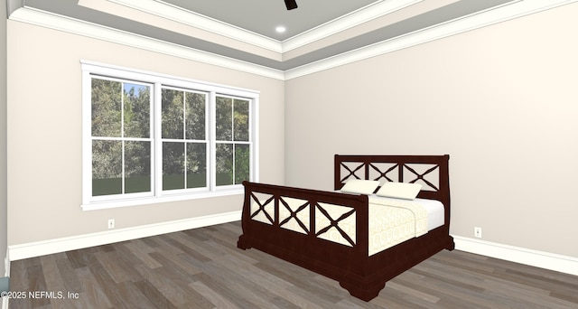 bedroom with ceiling fan, crown molding, and dark wood-type flooring