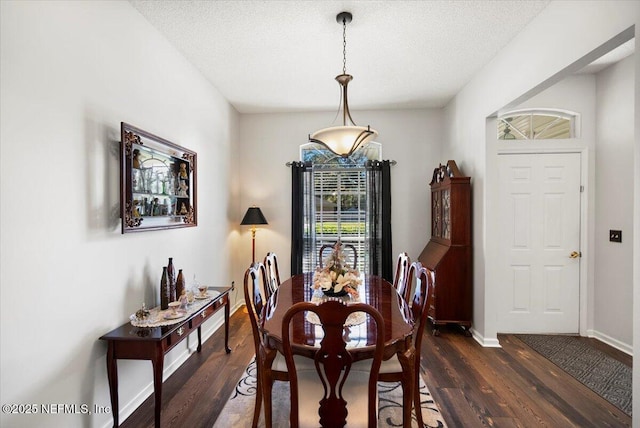 dining room with dark wood-type flooring and a textured ceiling