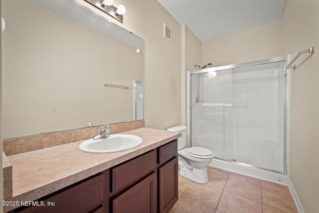 bathroom featuring a textured ceiling, tile patterned flooring, a shower with shower door, toilet, and vanity