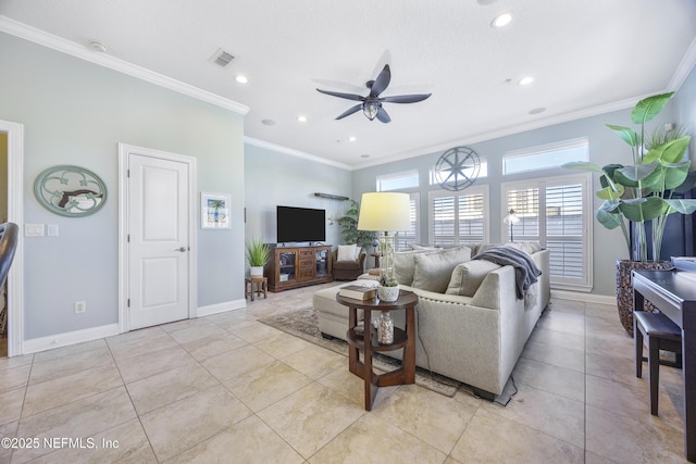 living room featuring light tile patterned floors, ceiling fan, and crown molding