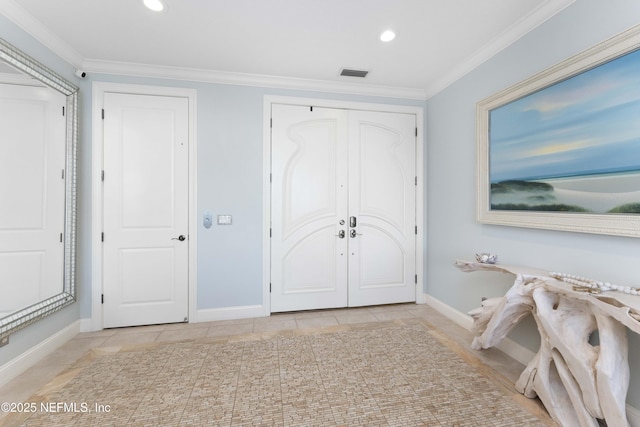 unfurnished bedroom featuring light tile patterned floors and crown molding