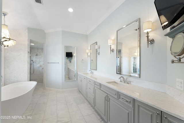 bathroom featuring vanity, separate shower and tub, and ornamental molding