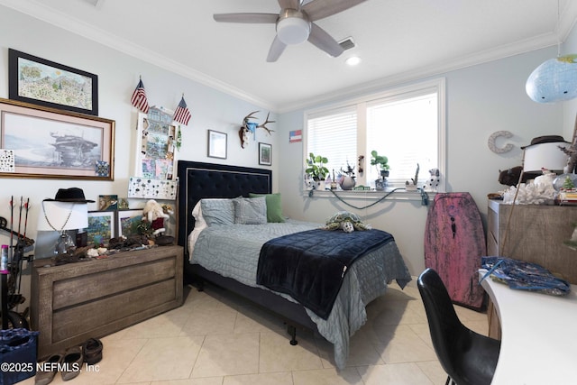 bedroom with ceiling fan, ornamental molding, and light tile patterned floors