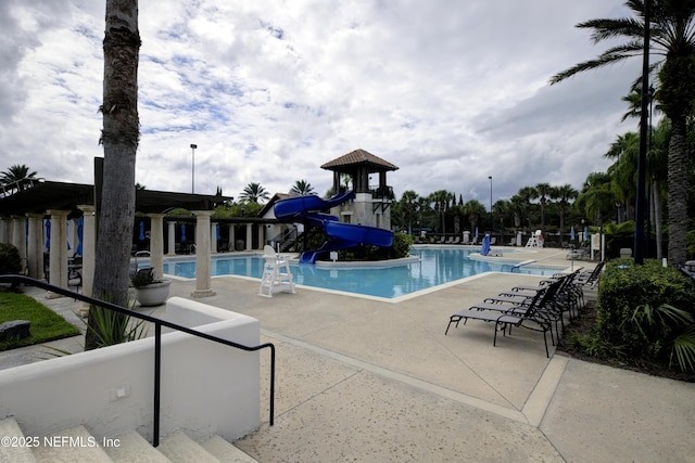 view of pool with a water slide